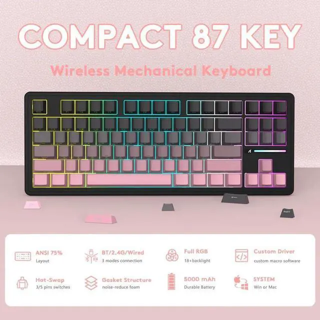 Alt view image 2 of 7 - ATTACK SHARK M87 PRO Wireless Mechanical Gaming Keyboard,Hot Swappable Gasket RGB Custom Keyboard,Linear Switch&Side Printed PBT Keycaps,BT5.0/2.4Ghz/Type-C,5000mAh Battery for Win Mac(BlackBerry)