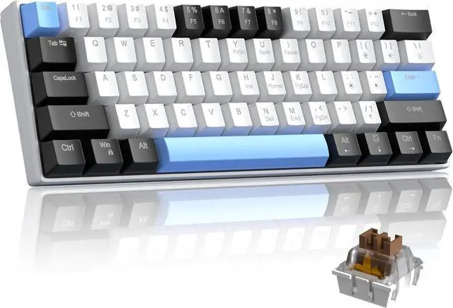 Main image of 60 Percent Mechanical Gaming Keyboard,Black White Blue Mixed Color Keycaps Gaming Keyboard with Brown Switches, Detachable Type-C Cable Mini Keyboard with Blue LED Light for Windows/Mac/PC/Laptop