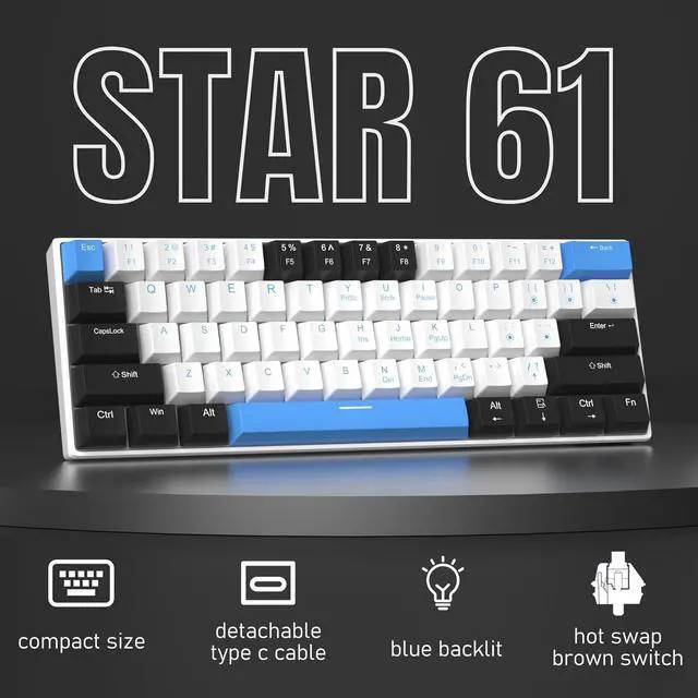 Alt view image 2 of 7 - 60 Percent Mechanical Gaming Keyboard,Black White Blue Mixed Color Keycaps Gaming Keyboard with Brown Switches, Detachable Type-C Cable Mini Keyboard with Blue LED Light for Windows/Mac/PC/Laptop