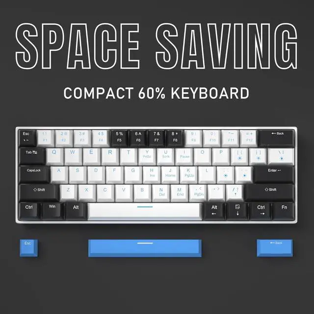 Alt view image 3 of 7 - 60 Percent Mechanical Gaming Keyboard,Black White Blue Mixed Color Keycaps Gaming Keyboard with Brown Switches, Detachable Type-C Cable Mini Keyboard with Blue LED Light for Windows/Mac/PC/Laptop