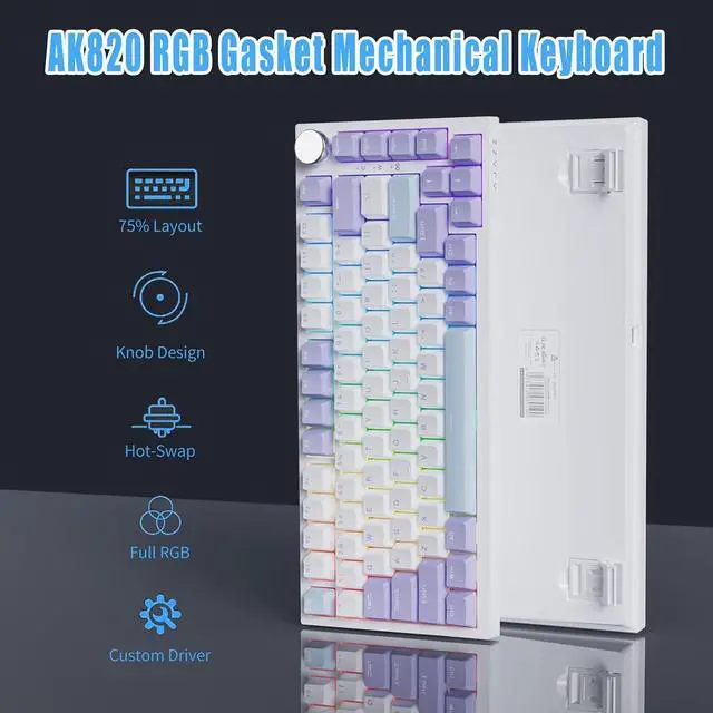 Alt view image 2 of 7 - AJAZZ AK820 75% Wired RGB Gasket Mechanical Keyboard with Volume Knob, Compact 82 Keys Hot-Swap Keyboard, OME Profile PBT Keycap, Detachable Type-C Cable (Purple&Blue)
