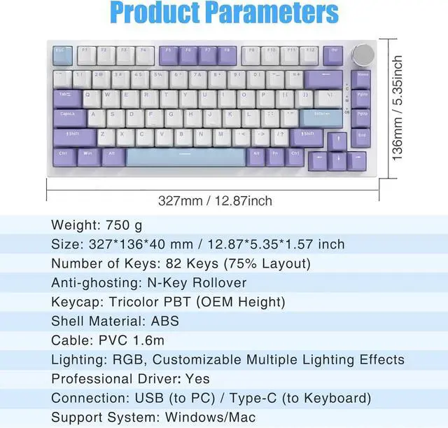 Alt view image 6 of 7 - AJAZZ AK820 75% Wired RGB Gasket Mechanical Keyboard with Volume Knob, Compact 82 Keys Hot-Swap Keyboard, OME Profile PBT Keycap, Detachable Type-C Cable (Purple&Blue)