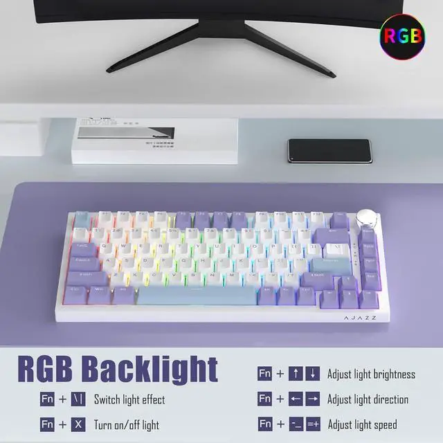 Alt view image 7 of 7 - AJAZZ AK820 75% Wired RGB Gasket Mechanical Keyboard with Volume Knob, Compact 82 Keys Hot-Swap Keyboard, OME Profile PBT Keycap, Detachable Type-C Cable (Purple&Blue)