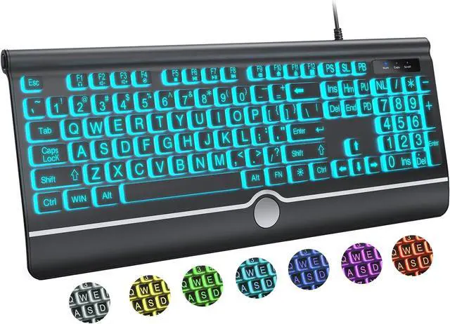 Main image of Large Print Backlit Computer Keyboard, USB Full Size Wired Keyboards with 7-Colors Backlight, Wrist Rest, Light Up Keyboard for Windows, PC, Laptop - Easy to See, Easy to Setup