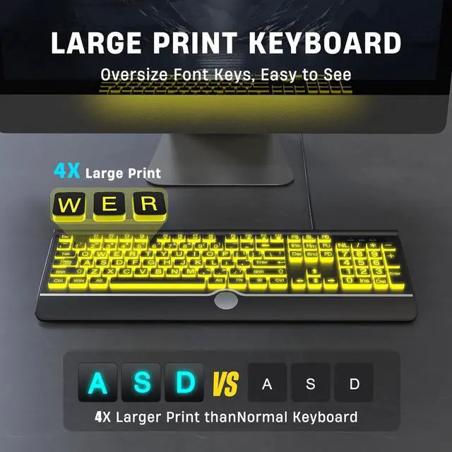 Alt view image 4 of 7 - Large Print Backlit Computer Keyboard, USB Full Size Wired Keyboards with 7-Colors Backlight, Wrist Rest, Light Up Keyboard for Windows, PC, Laptop - Easy to See, Easy to Setup