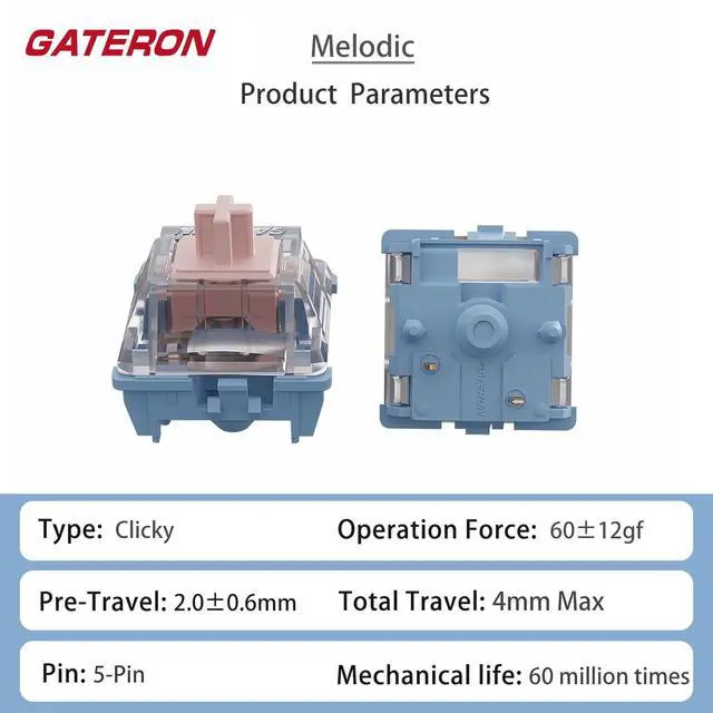 Alt view image 2 of 6 - Gateron Melodic Keyboard Switch,Clicky 5 Pin RGB LED Factory Pre-lubed 60gf Key Switches for Mechanical Gaming Keyboard(Melodic,72pcs)