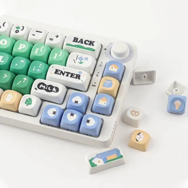 Alt view image 2 of 7 - TYRIXKI PBT Keycaps 126 Keys Cute Keycaps Dye-Sublimation Milk Cow Pasture Keycap MOA Profile Custom Keycap for Cherry Gateron MX Swithes Mechanical Keyboards