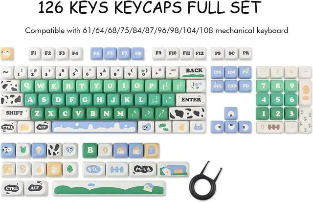 Alt view image 4 of 7 - TYRIXKI PBT Keycaps 126 Keys Cute Keycaps Dye-Sublimation Milk Cow Pasture Keycap MOA Profile Custom Keycap for Cherry Gateron MX Swithes Mechanical Keyboards