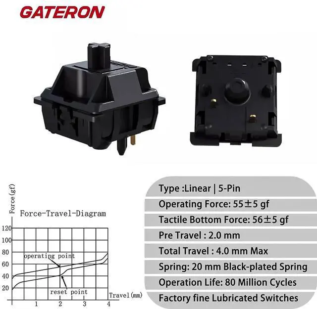 Alt view image 2 of 6 - Gateron Oil King Keyboard Switches -108pack,5-pin 55gf/pre-Lubricated/Full Pom/Black Plated Spring/high Life/Office Typing/Linear switches for MX Mechanical Keyboard