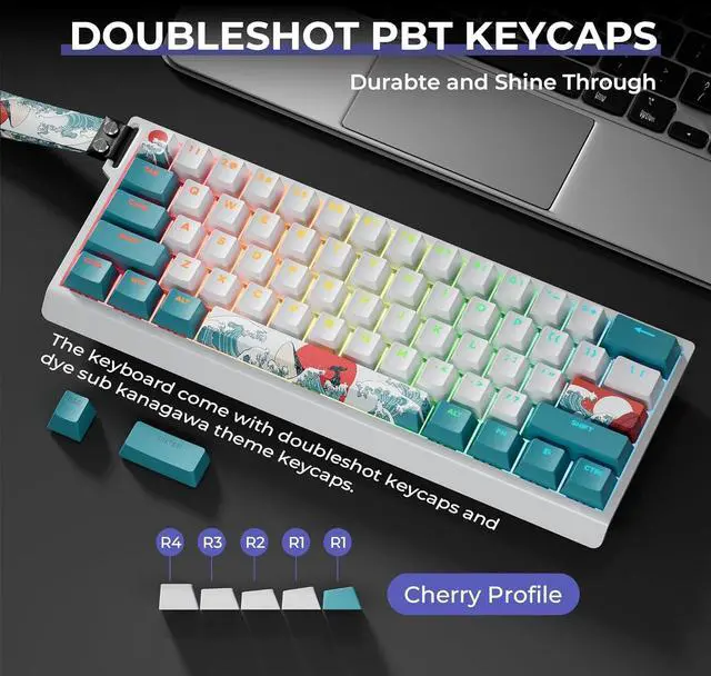 Alt view image 4 of 7 - HITIME x XVX 60% Percent Keyboard with Strap, H61 Wired Aluminum Gaming Keyboard, Hot Swappable, Kanagawa Anime PBT Keycaps, RGB Backlit, Cherry Profile, Sound Absorbing Pads, Creamy Linear Switch