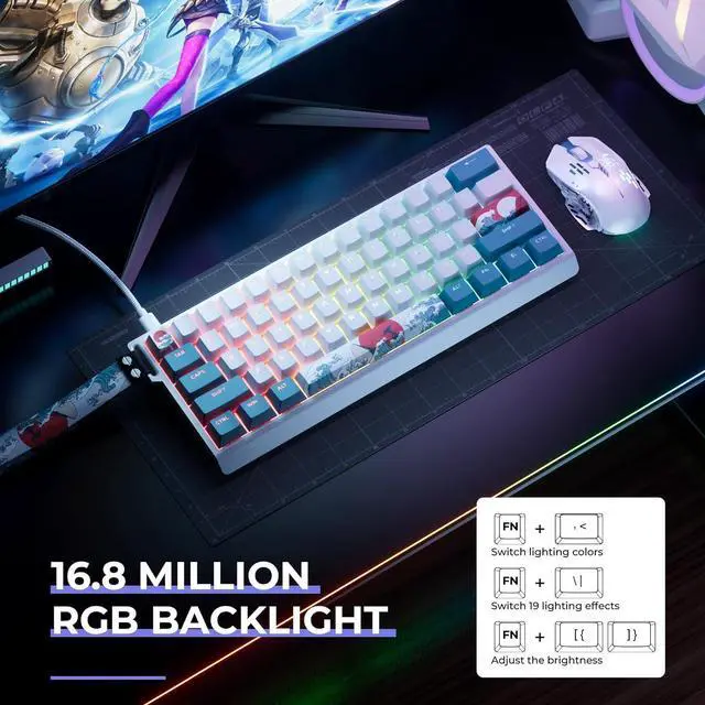 Alt view image 6 of 7 - HITIME x XVX 60% Percent Keyboard with Strap, H61 Wired Aluminum Gaming Keyboard, Hot Swappable, Kanagawa Anime PBT Keycaps, RGB Backlit, Cherry Profile, Sound Absorbing Pads, Creamy Linear Switch