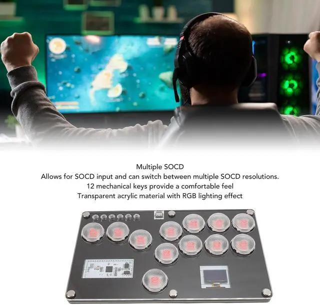 Alt view image 2 of 7 - Stick 12 Keys Leverless Gaming Controller, All Button Controller Street Fight Pad with Custom RGB & Turbo Functions for PC Steam Gaming Keyboard