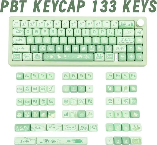 Alt view image 2 of 7 - COOMICKEY PBT Keycaps 133 Keys Cute Matcha Green Keycaps Dye Sublimation MOA Profile Custom Keycaps Set for Cherry Gateron MX Swithes Mechanical KeyboardsSpring Theme