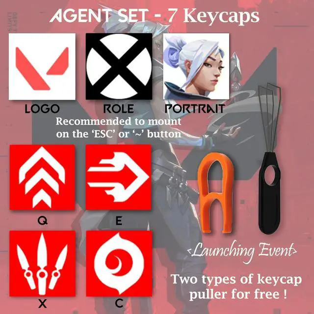 Alt view image 2 of 6 - Valorant Custom Keycaps (Agent Chamber) - Laser Engraved with Each Valorant Agent's Portrait, Skills, and Position. Fit with Any Mechanical Keyboard. Valorant Gift for Gamers, Adults, and Teens.