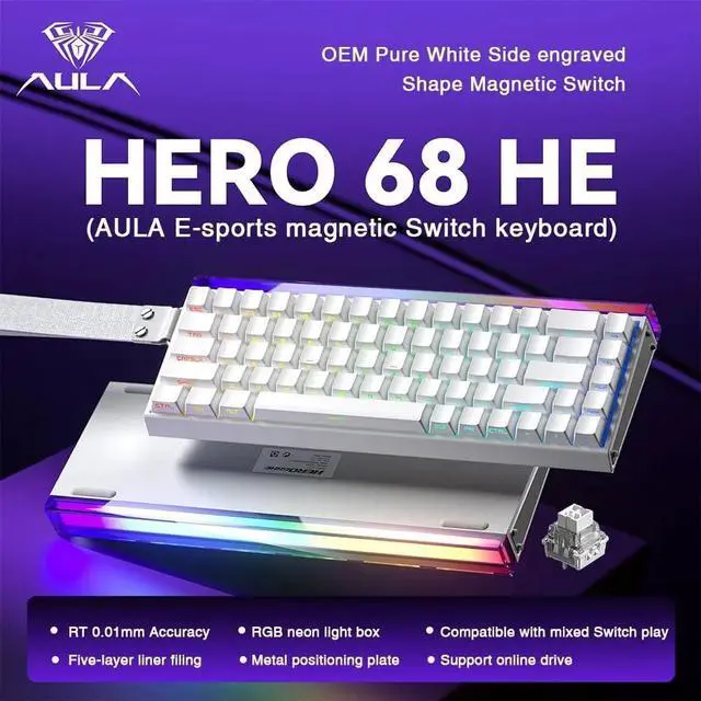 Alt view image 2 of 7 - Aula Hero 68HE Magnetic Switch Gaming Keyboard, 60% Layout Wired Mechanical Keyboard with Adjustable Actuation, RGB Backlit, Side Printed PBT Keycaps, Rapid Trigger Mode, 8K Hz Polling Rate (White)