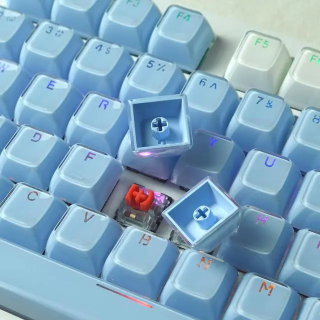 Alt view image 5 of 7 - Crystal Keycaps,Ice Crystal KeycapABS Jelly Key caps Set for 61 68 104 Mechanical Gaming Keyboard Cherry Profile English Layout(Blue with White)