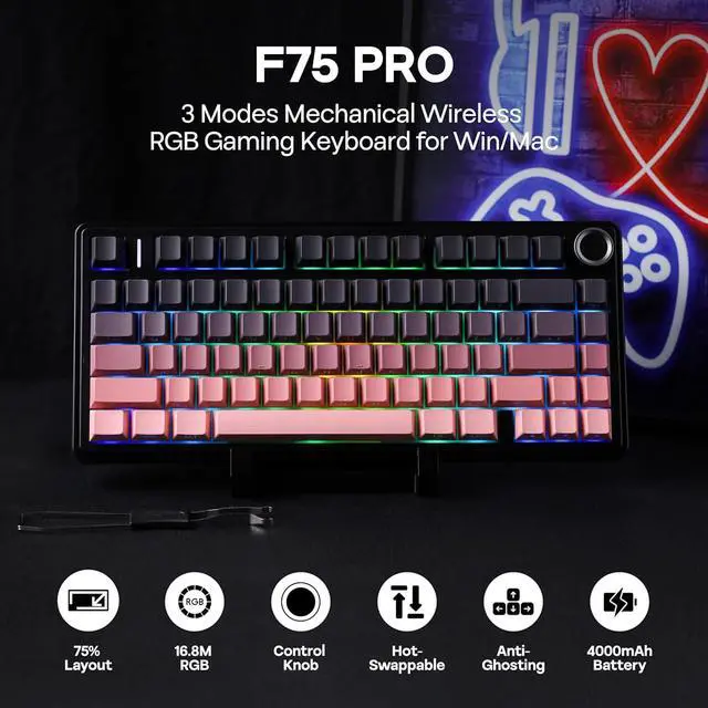 Alt view image 2 of 7 - MechLands Aula F75 PRO 75% Wireless Gaming Keyboard, Gasket Mechanical Custom Keyboard with Five-Layer Padding, Bluetooth/2.4GHz/USB-C, Hot Swappable, Knob, RGB, Reaper Switches (Black Pink)