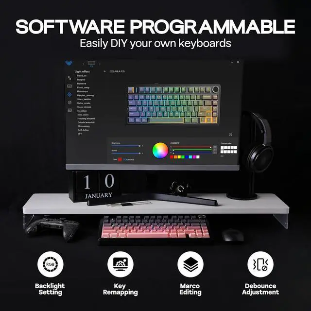 Alt view image 5 of 7 - MechLands Aula F75 PRO 75% Wireless Gaming Keyboard, Gasket Mechanical Custom Keyboard with Five-Layer Padding, Bluetooth/2.4GHz/USB-C, Hot Swappable, Knob, RGB, Reaper Switches (Black Pink)