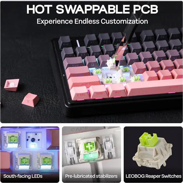 Alt view image 6 of 7 - MechLands Aula F75 PRO 75% Wireless Gaming Keyboard, Gasket Mechanical Custom Keyboard with Five-Layer Padding, Bluetooth/2.4GHz/USB-C, Hot Swappable, Knob, RGB, Reaper Switches (Black Pink)