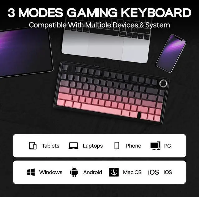 Alt view image 4 of 7 - MechLands Aula F75 PRO 75% Wireless Gaming Keyboard, Gasket Mechanical Custom Keyboard with Five-Layer Padding, Bluetooth/2.4GHz/USB-C, Hot Swappable, Knob, RGB, Reaper Switches (Black Pink)