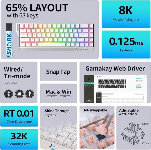 Alt view image 2 of 7 - GK GAMAKAY x NaughShark NS68 Hall Effect Rapid Trigger Wireless Gaming Keyboard, Bluetooth/USB-C/2.4GHz 8KHz Polling Rate 0.01mm RT,Outemu Peach Crystal Magnetic Switch Keyboard (White-Shine Through)