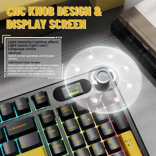 Alt view image 4 of 7 - ATTACK SHARK X98PRO Wireless Mechanical Keyboard,Multi-Function Knob&TFT Screen,Tri-Mode BT/2.4G Hz/USB-C Wired Keyboard,Hot-Swap RGB Backlit,4000mAh Cloud Drive,for Win/Mac/Linux-Starry Black