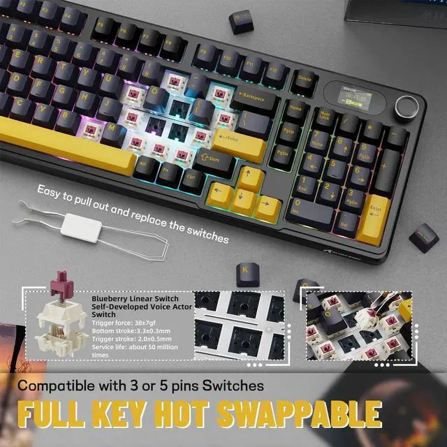 Alt view image 6 of 7 - ATTACK SHARK X98PRO Wireless Mechanical Keyboard,Multi-Function Knob&TFT Screen,Tri-Mode BT/2.4G Hz/USB-C Wired Keyboard,Hot-Swap RGB Backlit,4000mAh Cloud Drive,for Win/Mac/Linux-Starry Black