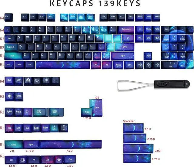 Alt view image 2 of 7 - MOLGRIA Keycaps Starry Sky 139 Set for Mechanical Keyboard, Custom PBT KCA Profile Key Caps with Keycap Puller for Gateron Kailh Cherry MX Switch for ANSI and ISO Layout Keyboard