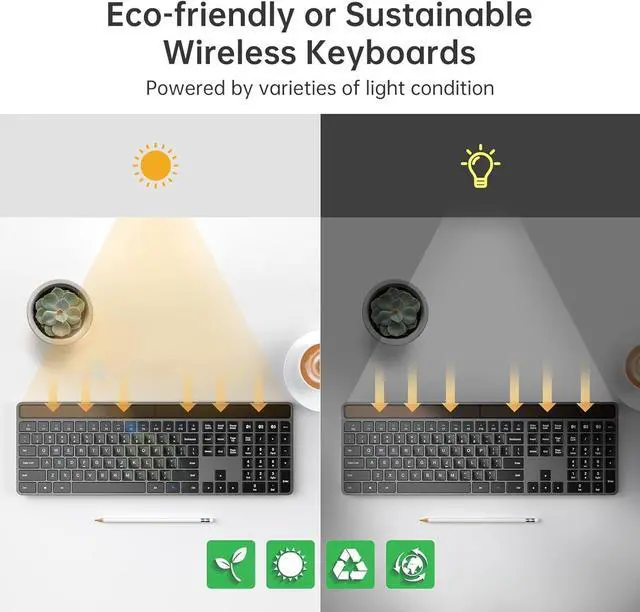 Alt view image 2 of 4 - Sequin XQT Solar Bluetooth Keyboard, Wireless Keyboard with Solar & Indoor Light Charging, Full Size, 3-Device Connectivity, Silent Scissor Keys, Numeric Keypad for Office/Home/Mac/Windows,Dark Grey