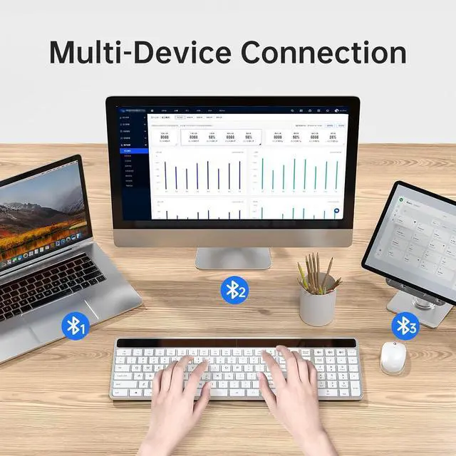 Alt view image 4 of 4 - Sequin XQT Solar Bluetooth Keyboard, Wireless Keyboard with Solar & Indoor Light Charging, Full Size, 3-Device Connectivity, Silent Scissor Keys, Numeric Keypad for Office/Home/Mac/Windows,Dark Grey