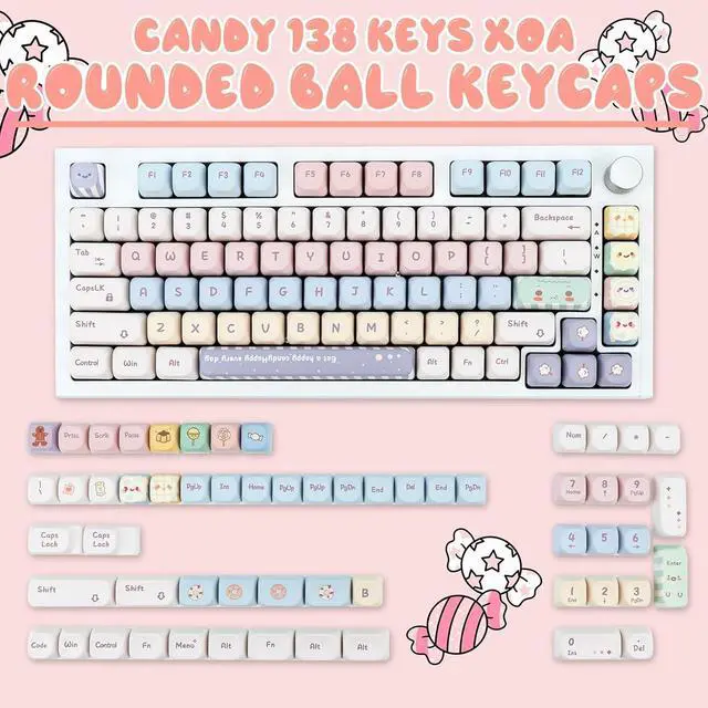 Alt view image 2 of 7 - GEKUCAP Candy Color PBT Keycaps Set MOA Profile Cute Round Keycaps 138 Keys Custom Dye-Sublimation Keyboard Keycaps for 60% 65% 70% 75% 100% Cherry Gateron MX Switches Mechanical Keyboards