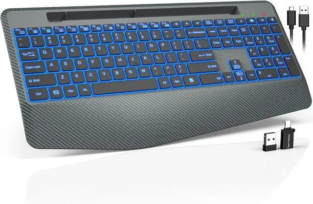 Main image of Wireless Keyboard with 7 Colored Backlits, Wrist Rest, Phone Holder, Rechargeable Ergonomic Computer Keyboard with Silent Key, Full Size Lighted for Windows, MacBook, PC, Laptop (Gray)