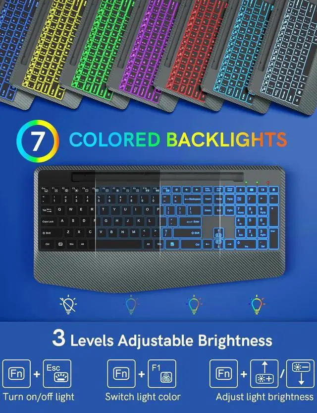 Alt view image 2 of 7 - Wireless Keyboard with 7 Colored Backlits, Wrist Rest, Phone Holder, Rechargeable Ergonomic Computer Keyboard with Silent Key, Full Size Lighted for Windows, MacBook, PC, Laptop (Gray)