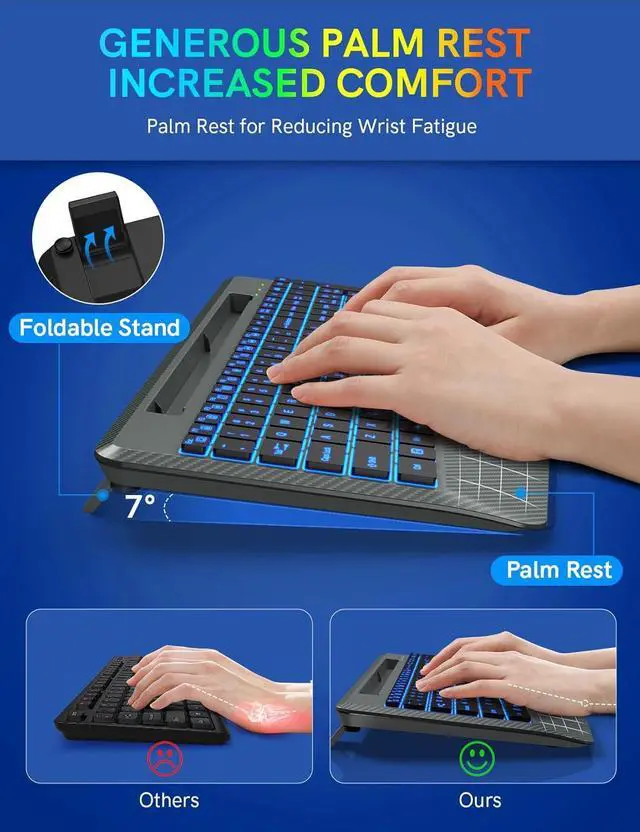 Alt view image 3 of 7 - Wireless Keyboard with 7 Colored Backlits, Wrist Rest, Phone Holder, Rechargeable Ergonomic Computer Keyboard with Silent Key, Full Size Lighted for Windows, MacBook, PC, Laptop (Gray)