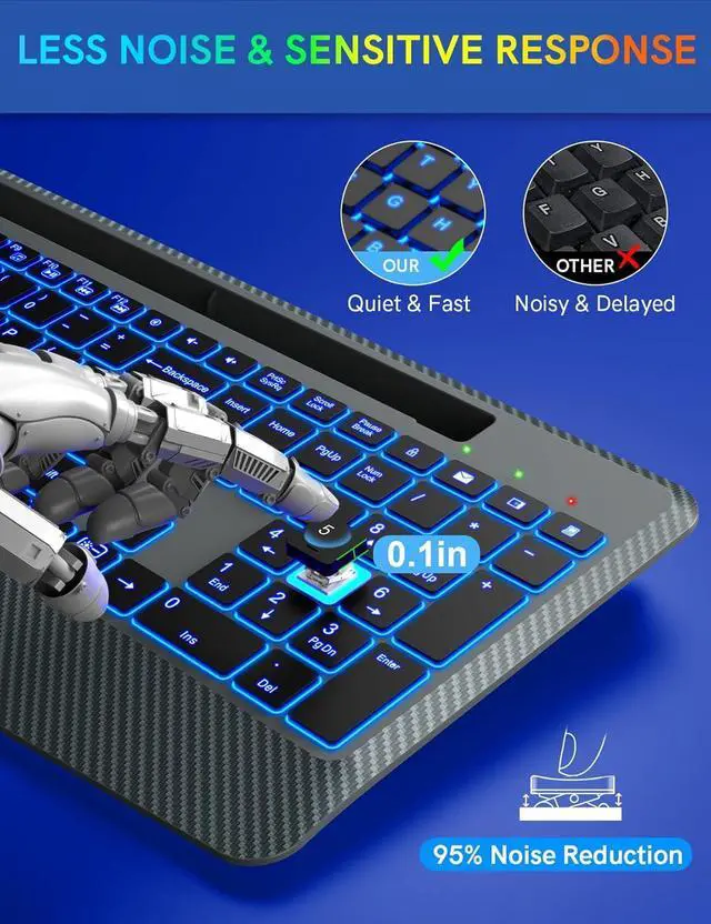 Alt view image 5 of 7 - Wireless Keyboard with 7 Colored Backlits, Wrist Rest, Phone Holder, Rechargeable Ergonomic Computer Keyboard with Silent Key, Full Size Lighted for Windows, MacBook, PC, Laptop (Gray)