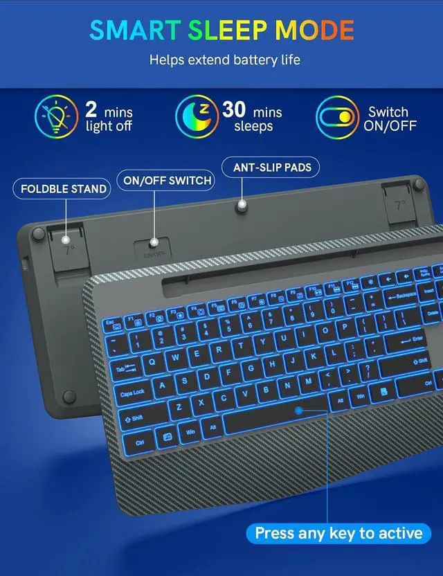 Alt view image 7 of 7 - Wireless Keyboard with 7 Colored Backlits, Wrist Rest, Phone Holder, Rechargeable Ergonomic Computer Keyboard with Silent Key, Full Size Lighted for Windows, MacBook, PC, Laptop (Gray)