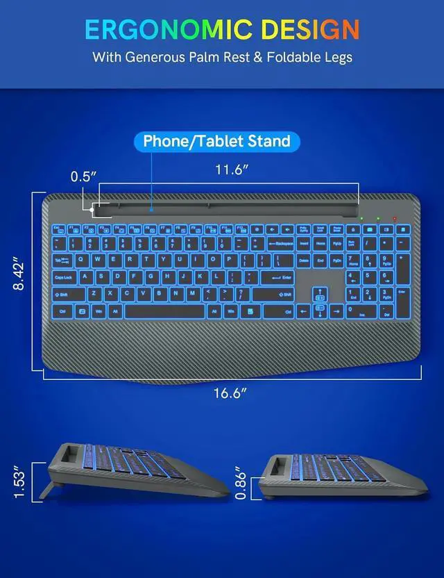 Alt view image 6 of 7 - Wireless Keyboard with 7 Colored Backlits, Wrist Rest, Phone Holder, Rechargeable Ergonomic Computer Keyboard with Silent Key, Full Size Lighted for Windows, MacBook, PC, Laptop (Gray)