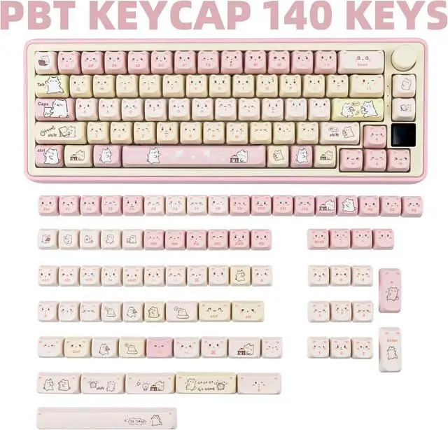 Alt view image 2 of 7 - COOMICKEY Pink Keycaps 140 Keys Dye Sub Key Caps Mao Profile Cute Cat Keycaps Custom Keyboard Key Caps Set Fit for 61/64/87/104/108 Cherry Mx Switches ANSI Layout Alice Keyboard Mechanical Keyboards