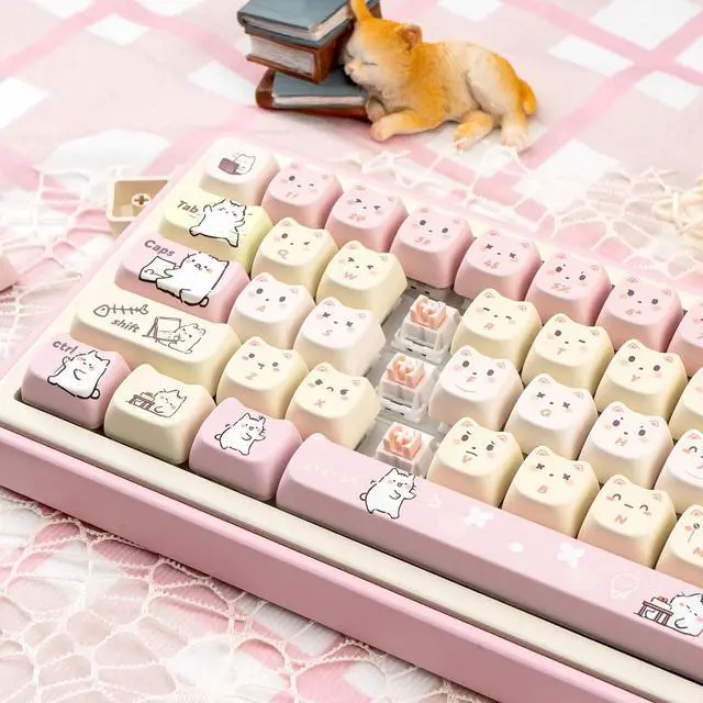 Alt view image 6 of 7 - COOMICKEY Pink Keycaps 140 Keys Dye Sub Key Caps Mao Profile Cute Cat Keycaps Custom Keyboard Key Caps Set Fit for 61/64/87/104/108 Cherry Mx Switches ANSI Layout Alice Keyboard Mechanical Keyboards