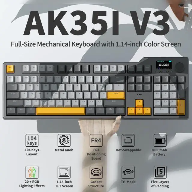 Alt view image 2 of 7 - DAIDAI×AJAZZ AK35I V3 Full Size Hot Swap Mechanical Gaming Keyboard with Screen & Knob 2.4G/BT/USB-C Gasket Keyboard FR4 Plate 8000mAh Battery South Facing LED RGB(Avocado Axis)