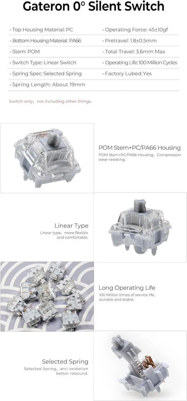 Alt view image 2 of 6 - KPREPUBLIC Gateron 0° Silent Switch Linear Zero Degree 0 Degree Switch MX Stem for Gaming Mechanical Keyboard Double Rail Silent Pad