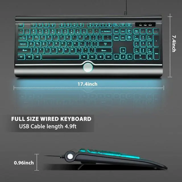 Alt view image 2 of 7 - Backlit Computer Keyboards, Wired Light Up Keyboards with 7-Color Backlit, USB Lighted Keyboard Easy to See and Type, Corded Full-Size Keyboard for Windows Desktop, Laptop, PC