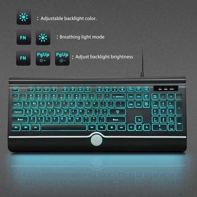 Alt view image 5 of 7 - Backlit Computer Keyboards, Wired Light Up Keyboards with 7-Color Backlit, USB Lighted Keyboard Easy to See and Type, Corded Full-Size Keyboard for Windows Desktop, Laptop, PC
