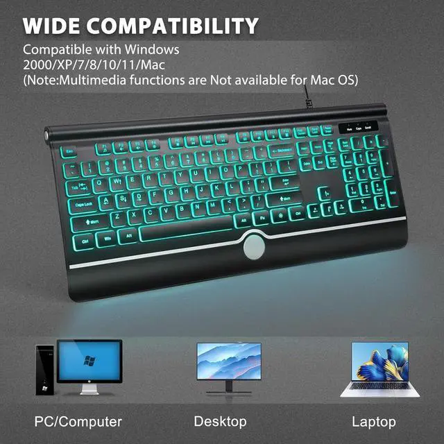 Alt view image 6 of 7 - Backlit Computer Keyboards, Wired Light Up Keyboards with 7-Color Backlit, USB Lighted Keyboard Easy to See and Type, Corded Full-Size Keyboard for Windows Desktop, Laptop, PC