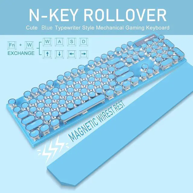 Alt view image 2 of 6 - Camiysn Typewriter Style Mechanical Gaming Keyboard with Removable Magnetic Wrist Rest, Blue Retro Punk RGB Backlit, Clicky Blue Switches, USB, 104 Keys, QWERTY, Windows/Mac/PC