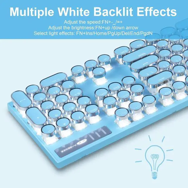 Alt view image 3 of 6 - Camiysn Typewriter Style Mechanical Gaming Keyboard with Removable Magnetic Wrist Rest, Blue Retro Punk RGB Backlit, Clicky Blue Switches, USB, 104 Keys, QWERTY, Windows/Mac/PC