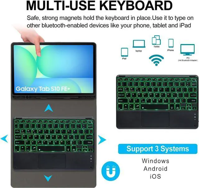 Alt view image 4 of 7 - EHLCYS Touchpad Keyboard Case for Samsung Galaxy Tab S10 FE+ Plus 13.1 Inch 2025 Model (SM-X620/X626), 7-Color Backlight Detachable Keyboard, Ultra-Thin Cover with Pen Holder and Mouse,Green