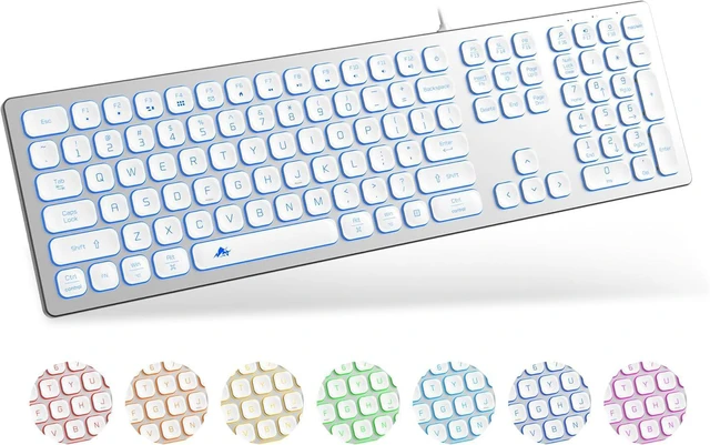 Main image of POWZAN Aluminum Quiet Wired Keyboard Backlit- Slim Chiclet Key Compatible with Apple iMac, MacBook, Mac and PC, USB Keyboard Numeric Keypad RGB Lighted Key - Silver White