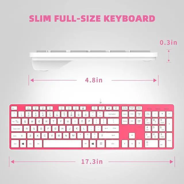Alt view image 5 of 7 - B.FRIENDit Wired USB Keyboard with Cover/Protector Skin, Low-Profile Flat Keyboard with US Layout (QWERTY), Durable Ultra-Slim Quiet Computer Keyboard for PC Windows 11/10 / 8/7 / XP/Vista - Pink