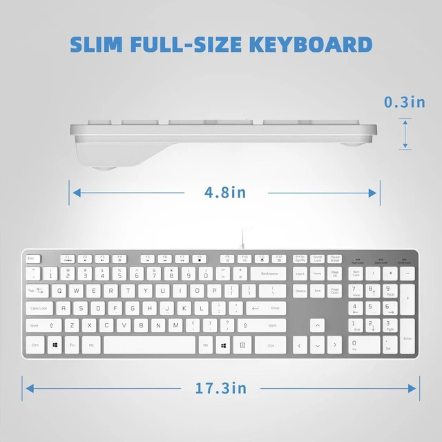 Alt view image 4 of 7 - Wired USB Keyboard with Cover/Protector Skin, Low-Profile Flat Keyboard with US Layout (QWERTY), Durable Ultra-Slim Quiet Computer Keyboard for PC Windows 11/10 / 8/7 / XP/Vista - Silver
